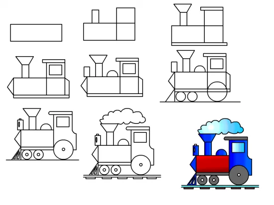 Как нарисовать поезд поэтапно карандашом